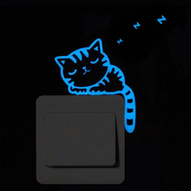 Карикатура светлинен превключвател етикети светло котка Фея синята флуоресцентна светлина в мрака на стикер за детска стая декорация на дома Изображение 5