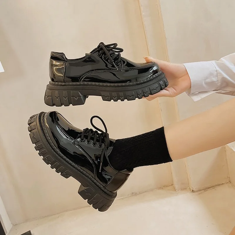 Класически Черни Обувки-Oxfords на платформата, женски лоферы, Лято-Есен, Ежедневни обувки на плоска Подметка с Шнур, дамски обувки в стил Пънк, готичес Изображение 3