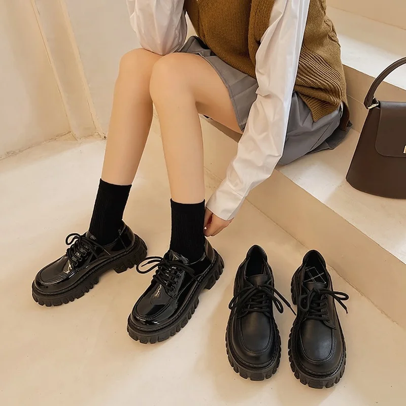 Класически Черни Обувки-Oxfords на платформата, женски лоферы, Лято-Есен, Ежедневни обувки на плоска Подметка с Шнур, дамски обувки в стил Пънк, готичес Изображение 4