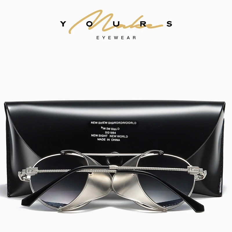 Луксозни Метални Реколта Готически Слънчеви Очила В Стил Steampunk За Мъже И Жени Със Странично Щит, Прозрачни Лещи, Очила, Ретро Кръгли Слънчеви Очила Изображение 3