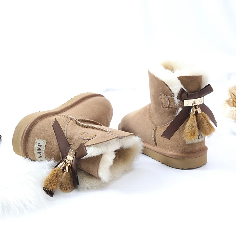 Моден зимни обувки в насипно състояние меху, Дамски Зимни обувки, Топли обувки от естествена Вълна с Лък и пискюли, Нескользящие дамски обувки от естествена овча кожа Изображение 0