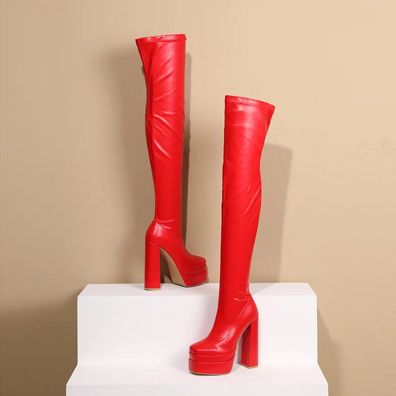 Модерен дамски ботуши над коляното на много висока трислойно платформа с квадратни пръсти, на дебелите токчета, със страничен цип, без шнур, с една плюшена подплата Изображение 1