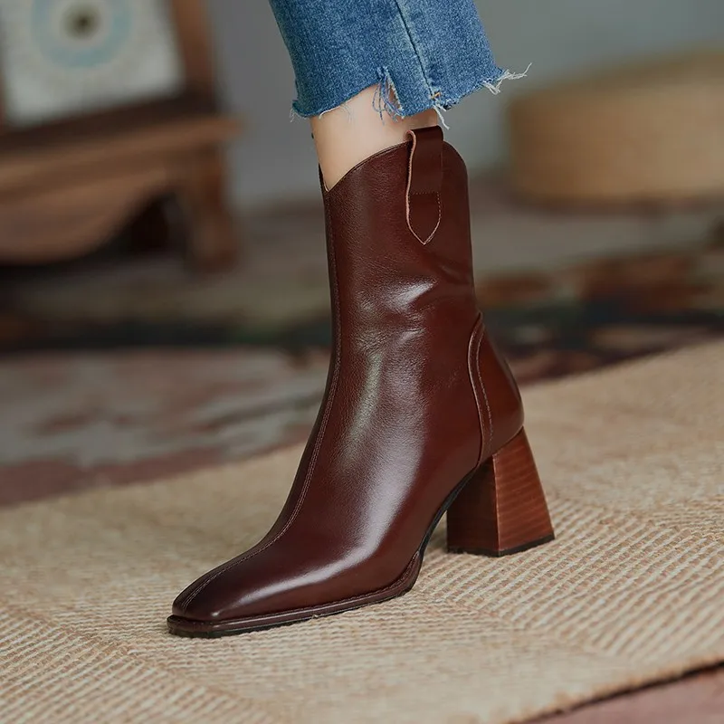 Обувки на висок ток в британския стил в стил ретро, есенно-зимни кожени фини обувки на дебелите обувки, обувки със средна дължина, с квадратни пръсти, къси Дамски ботуши Изображение 2
