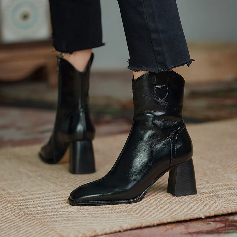 Обувки на висок ток в британския стил в стил ретро, есенно-зимни кожени фини обувки на дебелите обувки, обувки със средна дължина, с квадратни пръсти, къси Дамски ботуши Изображение 3
