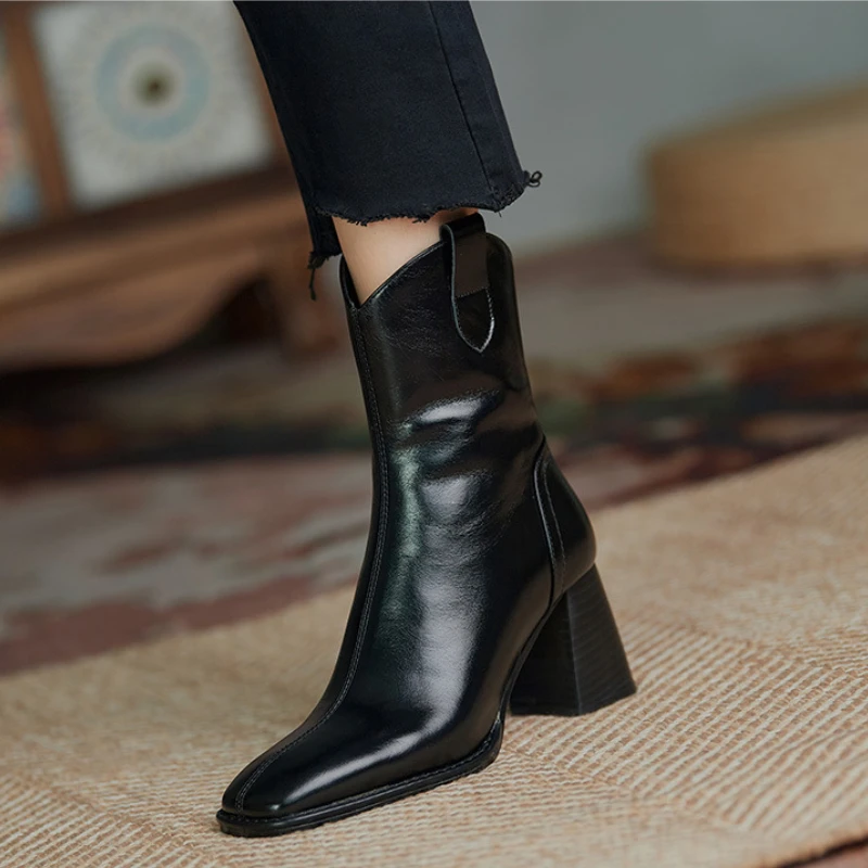 Обувки на висок ток в британския стил в стил ретро, есенно-зимни кожени фини обувки на дебелите обувки, обувки със средна дължина, с квадратни пръсти, къси Дамски ботуши Изображение 4