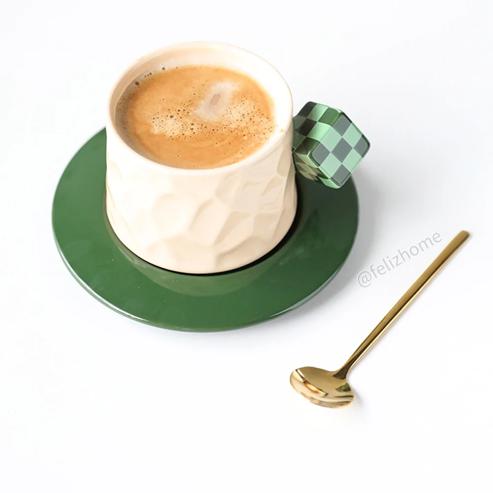 Ръчна работа, кафяво/Зелено/Лилаво чашата за кафе с кубична дръжка и блюдцем, Керамични Чаена чаша, Креативна чаша с каменна текстура, 280 мл Изображение 4
