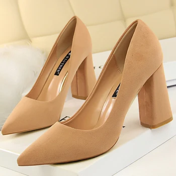 БИГТРИ обувки дебел ток жени помпи велурени дамски обувки офис обувки с остър нос на висок ток сватбени обувки Дамски обувки на токчета