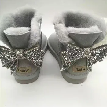 Блестящ Лък 2022, Красиви Дамски Зимни Обувки от 100% естествена агнешка кожа, Дамски Обувки в насипно състояние меху, Топли, вълнени, Зимни Обувки