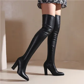 Дамски ботуши над коляното 48 размер, еластични ботуши на висок ток в Европа и САЩ, модни пикантни вечерни обувки за нощен клуб