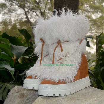 Дамски високи кожени ботуши до хайвер на високо вътрешния ток, дизайнерски обувки на платформа, обувки дантела, топли зимни модела обувки с пера, размер обувки 35-41