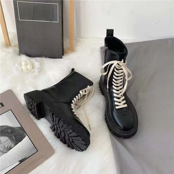 Дамски обувки на масивна обувки; зимни обувки 2022 г.; женски Ботильоны от изкуствена кожа с плюшем; Черни дамски обувки на 