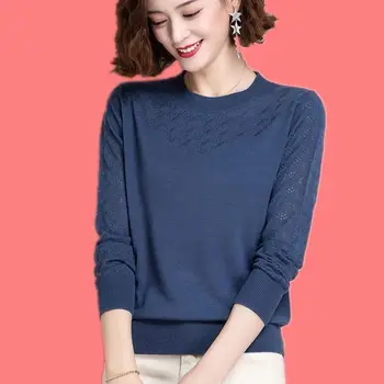 Ежедневието на обикновен пуловер с кръгло деколте, женски Модерен открит вязаный кратък Пуловер с дълъг ръкав, женски 2021, нови шик сини пролетни блузи