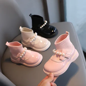 Зимни Дебели памучни обувки-носочки за момичета, Детски Модни обувки Mary Jane, от Изкуствена Кожа, Модел обувки на Принцесата за Партита, Детски Корея Обувки с Перли