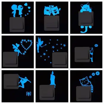 Карикатура светлинен превключвател етикети светло котка Фея синята флуоресцентна светлина в мрака на стикер за детска стая декорация на дома