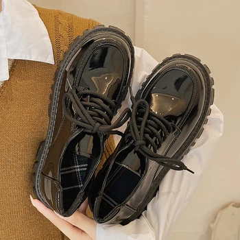 Класически Черни Обувки-Oxfords на платформата, женски лоферы, Лято-Есен, Ежедневни обувки на плоска Подметка с Шнур, дамски обувки в стил Пънк, готичес
