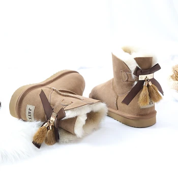 Моден зимни обувки в насипно състояние меху, Дамски Зимни обувки, Топли обувки от естествена Вълна с Лък и пискюли, Нескользящие дамски обувки от естествена овча кожа
