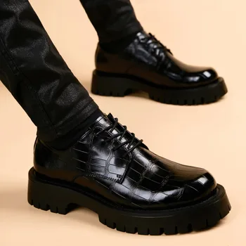 Мъжки кожени обувки На дебела подметка в британския стил, Модерен Бизнес Официалната Дрехи От естествена кожа, мъжки Ежедневни обувки с увеличивающей растеж Стелькой, Голяма глава