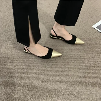 Нови дамски сандали за лятото на 2022 г., модни пикантни обувки без обков с остри пръсти метален цвят на ниски токчета, дамски джапанки, ежедневни, сандали с плоска подметка
