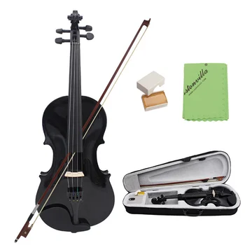 Подарък за Коледа пълен размер 4/4 Черна Акустична Цигулка от Липа, Комплекти за Цигулка с Футляром, Смычком и Канифолью за Начинаещи Цигулари