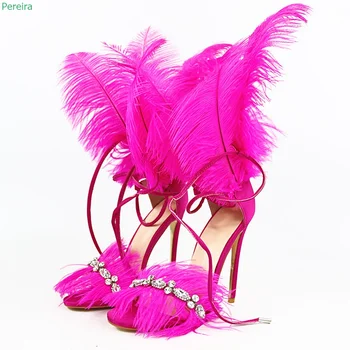 Розово-червени Сандали с Кристали и пера; Летни дамски Обикновена Сандали на Висок Тънък Ток с шнур и Кръг Пръсти; Модни Пикантни обувки за нощен клуб