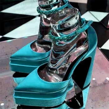 Новост лятото на 2022, Пикантни женски Сандали на платформа с остри пръсти и обувки с високи токчета, Сатенени обувки на висок Масивна обувки С Кристали, Булчински обувки за парти